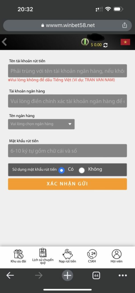 Điền th&ocirc;ng tin c&aacute; nh&acirc;n để thực hiện trước khi nạp r&uacute;t