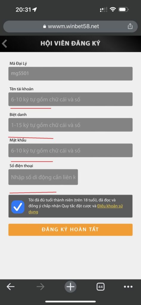 Điền th&ocirc;ng tin khi đăng k&yacute; t&agrave;i khoản Winbet